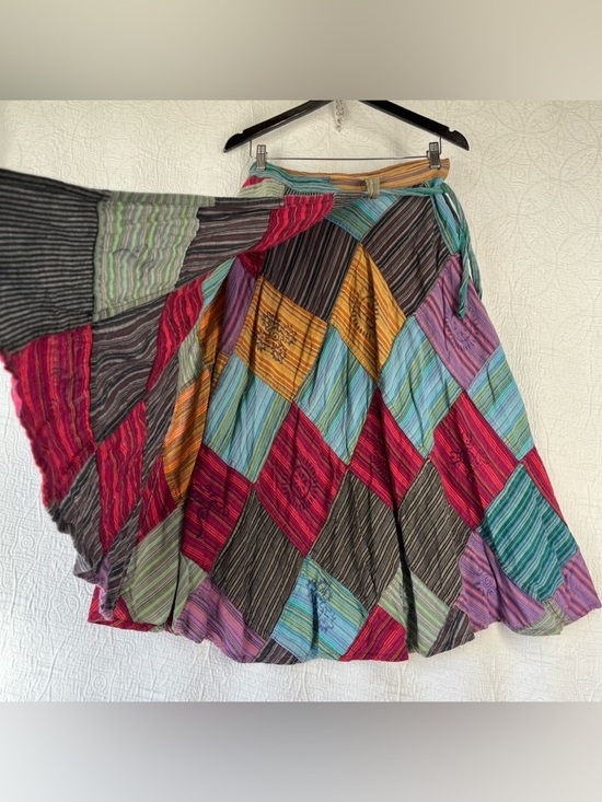 Patchwork Wrap Around Skirt Boho Hippie 100 Cotton Maxi Skirts One Size Nepal OS - Picture 5 of 16